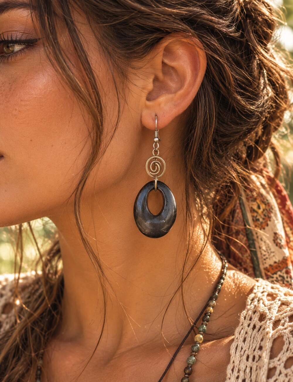 Vintage Black Onyx Style Oval Dangle Earrings Bronze Tone Spiral Boho Art Deco